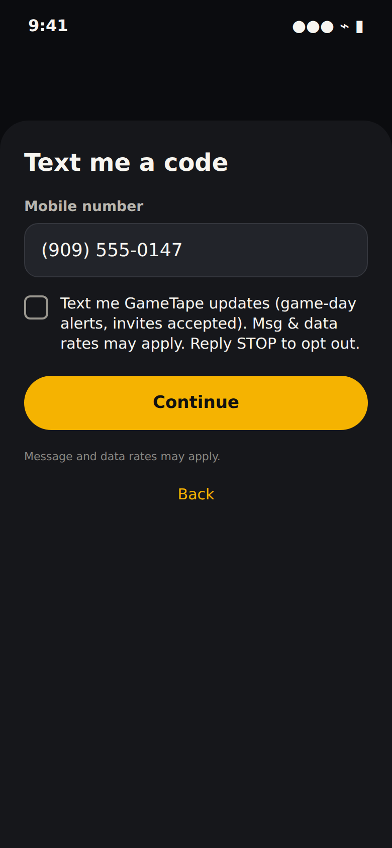 The GameTape phone sign-up screen: the mobile number box, an unticked box reading Text me GameTape updates (game-day alerts, invites accepted). Msg and data rates may apply. Reply STOP to opt out., and a Continue button